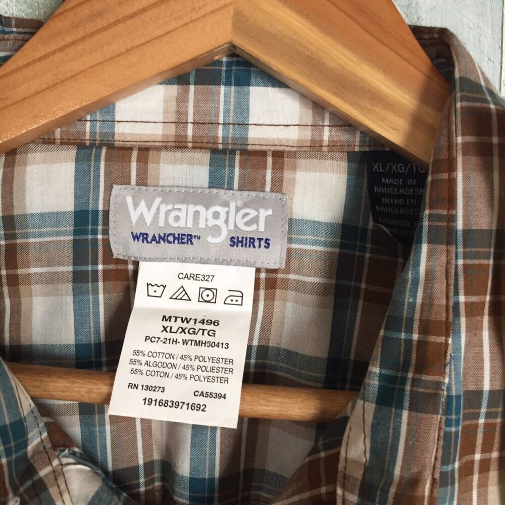 Wrangler Wrancher Brown White Plaid Western Pearl Snap Long Sleeve Shirt Mens XL - Picture 5 of 6
